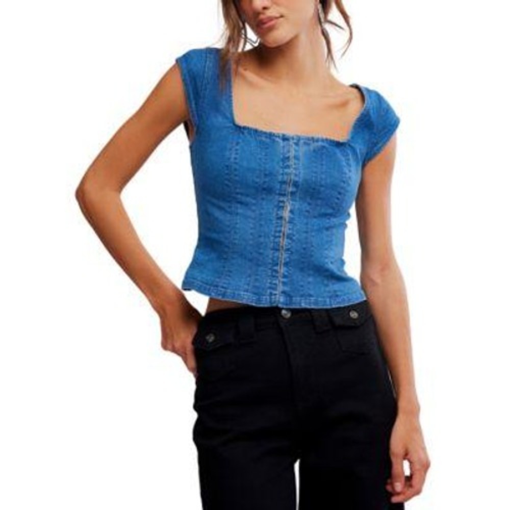 Free People Marilyn Denim Corset Top Women L Blue NWT